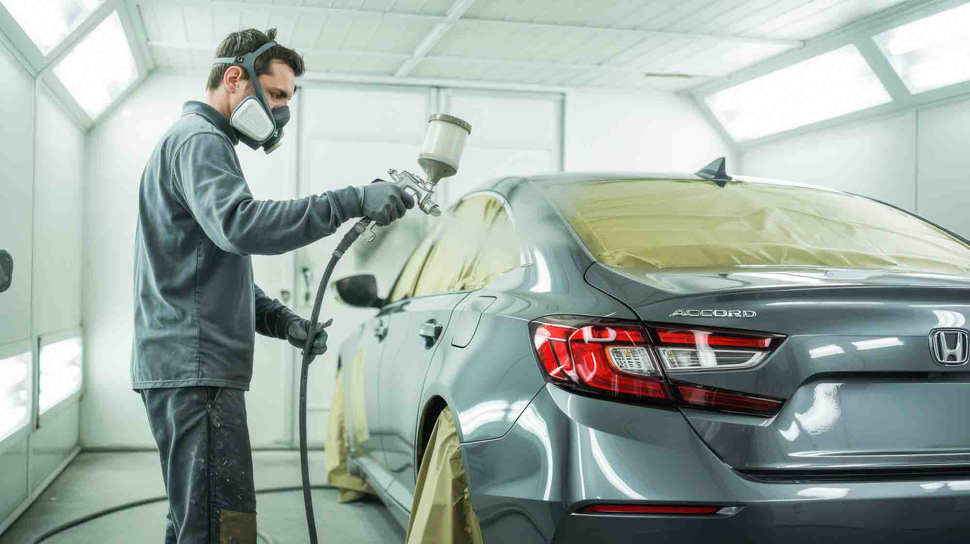 Auto Painter in Booth Spraying Silver honda accord - auto paint repair - california reflections auto body & paint