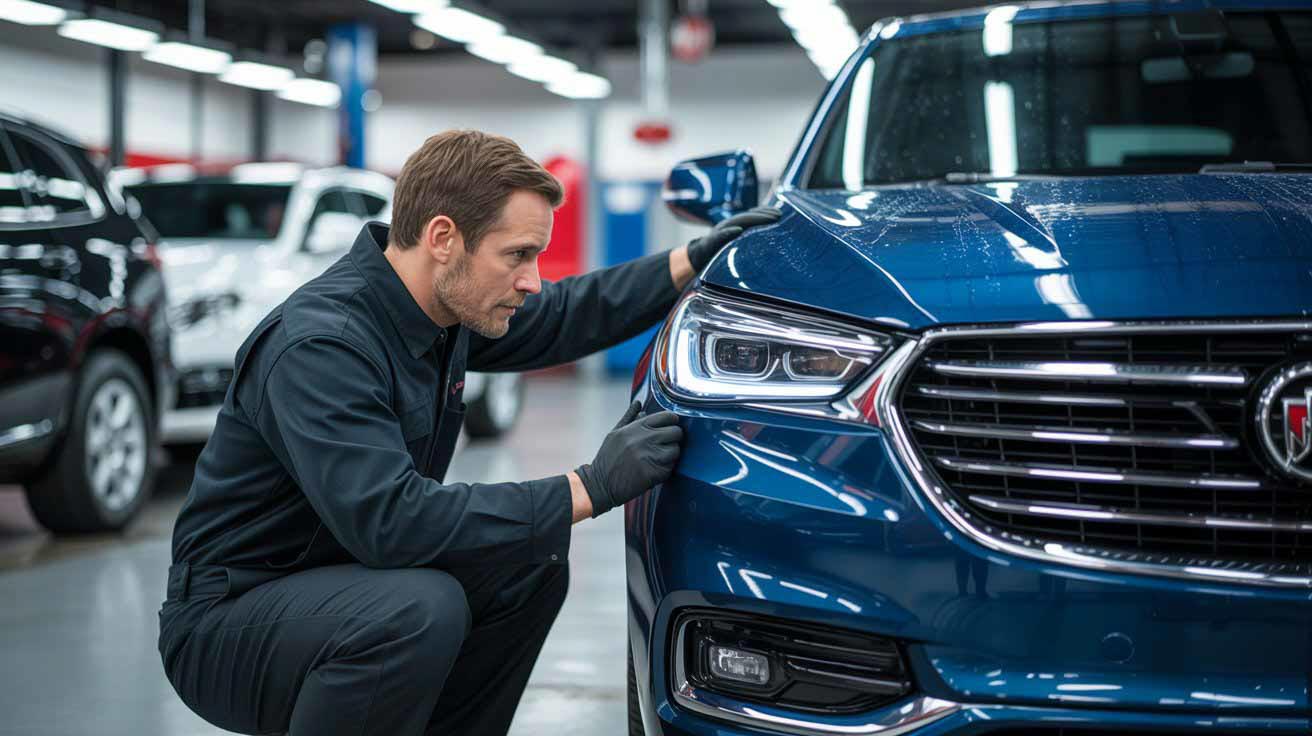Technician inspecting front of blue buick for damage - i-car gold class certified collision center - california reflections auto body & paint