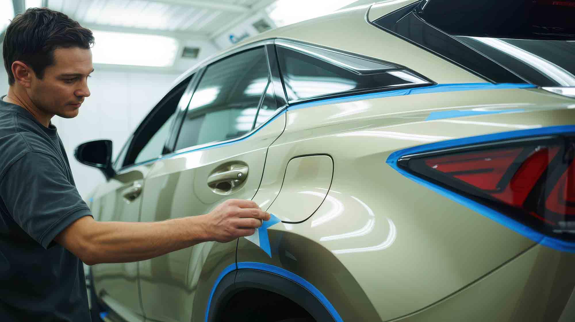 Technician with taped green lexus suv in paint booth - auto paint repair - california reflections auto body & paint 